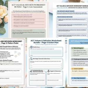 ACT Therapy Worksheets Bundle | Values Clarification + Cognitive Defusion + Committed Action Planner | Printable PDF