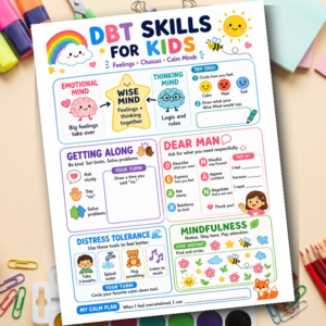 Kids DBT Skills CheatSheet | Dialectical Behavior Therapy Quick Reference | Mental Health Therapist Printable PDF