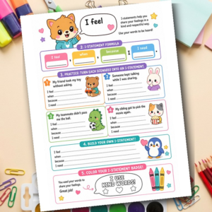 I Feel I Need | I-Statements Worksheet for Kids | SEL Communication Skills | Grades 1-3 | Printable
