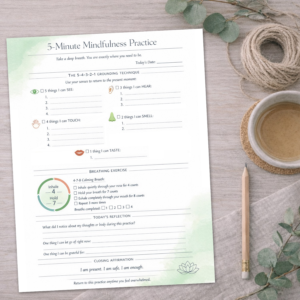 5-Minute Mindfulness Practice Worksheet | 5-4-3-2-1 Grounding and Breathing