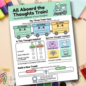 Thoughts Train CBT | Kids Cognitive Behavioral Worksheet | Anxiety Tool
