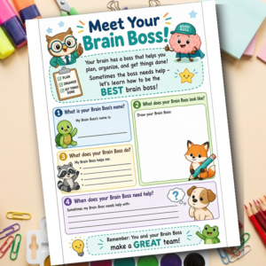 Executive Function Worksheet for Kids | Brain Boss ADHD Planning SEL Printable