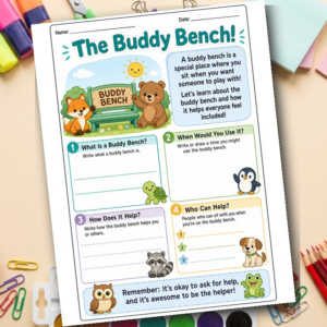 Buddy Bench Worksheet for Kids | Friendship Inclusion Social Skills SEL Printable