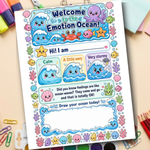Emotion Ocean Worksheet | Kids Feelings & Waves SEL | Emotional Fluidity 4-Page Bundle Ages 5-10