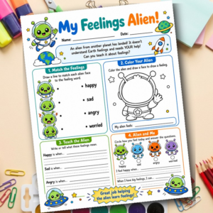 Feelings Alien Worksheet | Kids Emotions Activity | SEL Therapy Printable