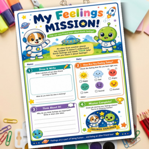 Feelings Mission Worksheet | Kids Emotions Check-In | SEL Therapy Printable