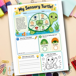 Sensory Regulation Worksheet for Kids | Sensory Turtle OT Printable | Self Regulation SEL Activity