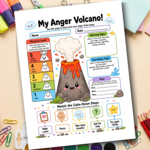 Anger Management Worksheet for Kids | Stress Volcano Big Emotions Printable | Emotional Regulation SEL Activity