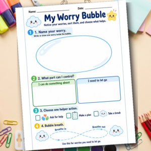 Worry Bubble Worksheet for Kids | Anxiety Coping Skills Printable | SEL Counseling Activity | Calm Breathing Tool