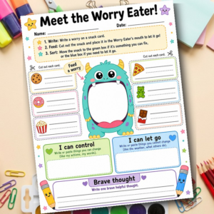 Worry Monster Worksheet for Kids | Worry Eater Anxiety Printable | Coping Skills SEL Counseling Activity