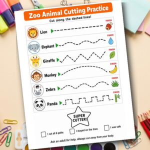 Scissor Skills Worksheet | Zoo Animals | Preschool Cutting Practice | Printable PDF
