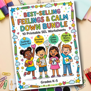 Kids Feelings Worksheet Bundle | Emotion Wheel, Calm Down Kit, Emotional Regulation SEL Check In Printables for Counselors