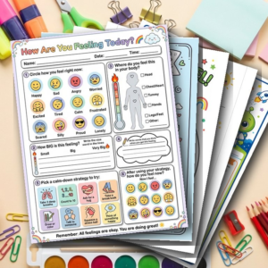 Kids Feelings Worksheet Bundle | Feelings Check In Emotion Wheel Thermometer SEL Printables for Counselors & Teachers