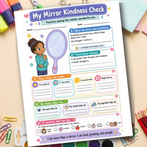 Self Esteem Worksheet for Girls | Mirror Kindness Check | Body Image SEL Activity | Positive Self Talk Printable